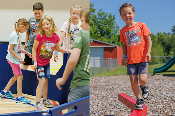 Left: Children laughing and playing an indoor group game at Project:Camp's Built to Play event in London, Kentucky
Right: A young boy smiles while balancing on a beam during outdoor play